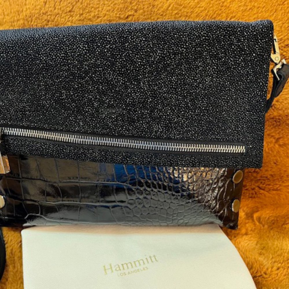 Hammitt VIP Medium Half-Pipe Bag with Embossed Croc and Sparkly Textured Leather